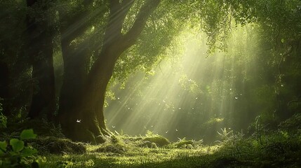 Aufkleber - Serene Healing Forest With Sunbeams Filtering Through Lush Green Trees in a Tranquil Setting