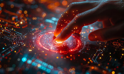 Poster - young woman exploring futuristic digital interface, finger touching virtual screen with data network