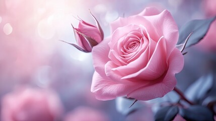 Poster - A Beautiful Pink Rose Blooms Gracefully in a Garden With Gentle Morning Light and Soft Focus