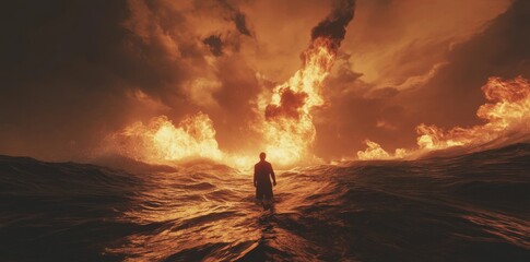 Firey silhouette of a person standing on a wave