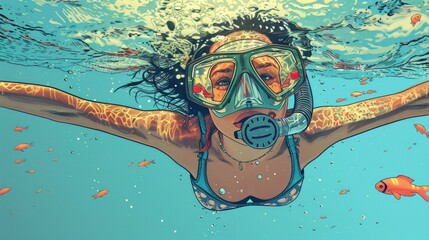 Wall Mural - Swimming woman in a diving mask and bikini in a clear ocean.