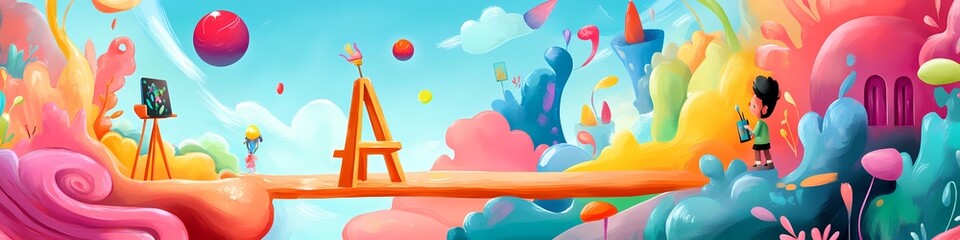 Wall Mural - Colorful Abstract Landscape with Easel and Little Person