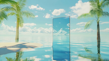 Abstract summer beach scene background with mirror reflection. 3d rendering.  