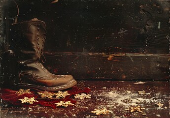 An old photograph shows gold snowflakes on red velvet laying flat in the foreground