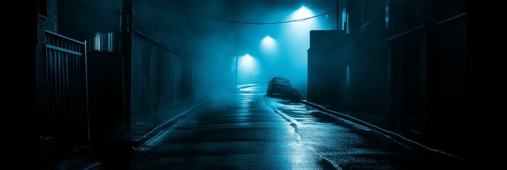 Wall Mural - A dark alleyway with a car parked in the middle. The street is wet and the lights are on
