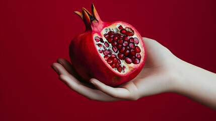 Wall Mural - Arm of woman holding halved pomegranate  