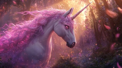 A magical unicorn with pink mane and horn stands in a mystical forest.