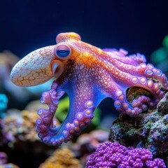 21. Unique underwater scene with an octopus camouflaged among corals, exotic and stunningly beautiful