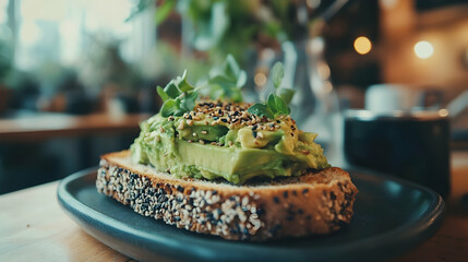 Wall Mural - a portrait image of a slice brown seeded slice of toast topped with smashed avocado at a restaurant  