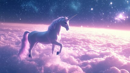 Wall Mural - A majestic white unicorn stands on a bed of pink clouds, with a starry night sky above.