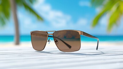 Futuristic Designer Sunglasses in Augmented Reality Showing UV Protection, Materials, and Lens Options on Sunny Beach Background