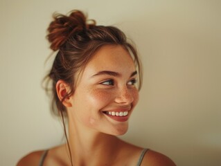 Wall Mural - A woman with a ponytail and freckles is smiling and looking at the camera. She has a bright, happy expression on her face