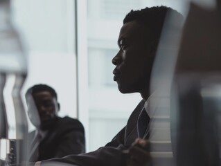 Sticker - A man in a suit is sitting at a desk with his back to the camera. He is wearing a tie and he is focused on something. The scene suggests a professional or business setting