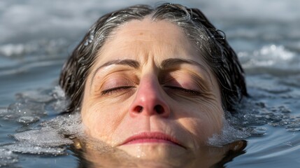 Poster - A woman is swimming in a pool with her head above the water. She is wearing a bathing suit and has her hair wet. Concept of relaxation and leisure, as the woman is enjoying her time in the water