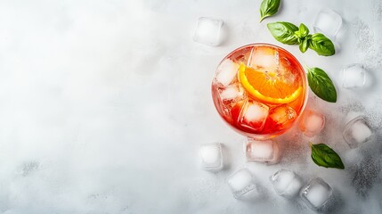 Drinking a red cocktail based on Campari or bitter with Sicilian oranges (tarocco) on a light gray concrete background. Natural eco aesthetic, summer lights.