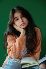 Wall Mural - A girl is sitting on a bed with a book in her lap. She is wearing an orange sweater and has her head on her hand. Scene is calm and relaxed, as the girl appears to be enjoying her book