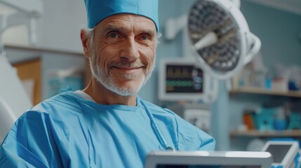 Wall Mural - A smiling older man in a blue surgical gown is holding a tablet. He is in a hospital setting