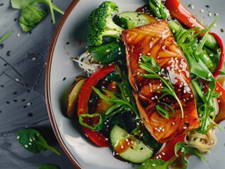 Wall Mural - A plate of food with salmon, broccoli, and other vegetables. The dish is garnished with sesame seeds and has a sauce on top