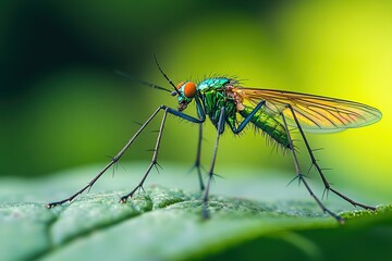 Close-up of an insect, a green fly with colorful wings and long legs on a leaf