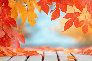 Wall Mural - vibrant autumn leaves framing a tranquil blue backdrop