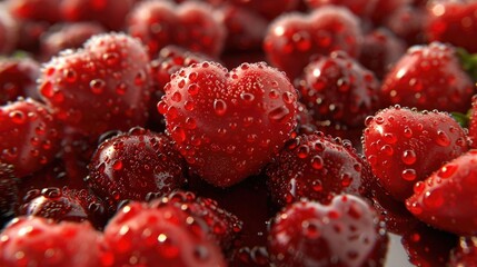 Poster - A close up of red strawberries with heart shaped droplets of water on them. Concept of love and affection, as the heart-shaped droplets on the strawberries symbolize the love