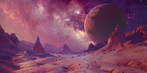 Wall Mural - A desolate landscape with a large planet in the background. The sky is filled with stars and the planet is surrounded by mountains. The scene is peaceful and serene