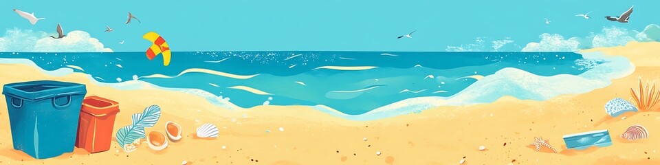 Sticker - Summer Beach Scene with Ocean  Sand  Seagulls  and Shells