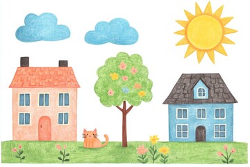 Drawings made with crayons, doodle-style, simple lines, bright colors on a white background, children's art with suns, clouds, cats, houses, flowers.