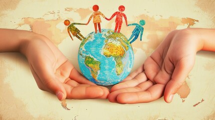 Wall Mural - A hand holding a globe with people on it. Concept of unity and togetherness