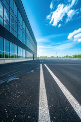 An empty parking lot in front of an office building with large windows and blue sky