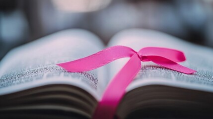 Pink Ribbon Bookmark on Open Book