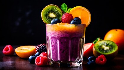 A vibrant fruit smoothie topped with assorted fresh fruits including kiwi, raspberries, and orange slices. The colorful presentation in a glass captures the essence of healthy and refreshing beverages