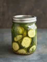 Wall Mural - A jar of pickles is sitting on a counter. The pickles are green and have a briny taste