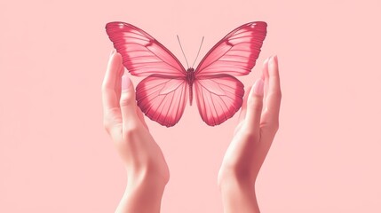 Wall Mural - Pink Butterfly Held Between Two Hands Against a Pink Background