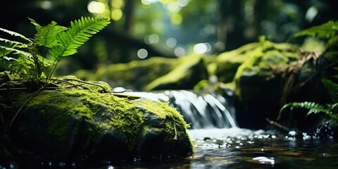 Sticker - A stream of water flows over a mossy rock. The water is clear and the moss is green. The scene is peaceful and serene