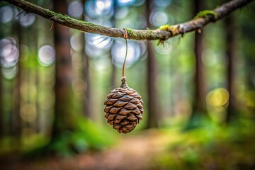 Wall Mural - Macro shot of a small cone shaped ball hanging from a branch in a dense forest captured from an aerial perspective, foliage, peaceful, vibrant, natural, shoot, flora, forest, natural