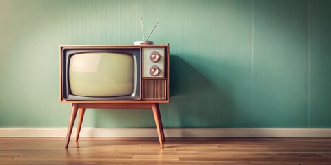 Vintage television set on pastel-colored wall background in retro style