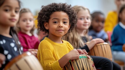 Wall Mural - a group of children from different cultural backgrounds attending a music class, learning to play in