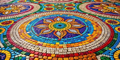 Wall Mural - Close up fragment of vibrant colored pavement mosaic pattern with intricate texture