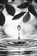 Wall Mural - A drop of water falling into a body of water. The water is calm and still, with a leaf floating on top. Concept of tranquility and peacefulness