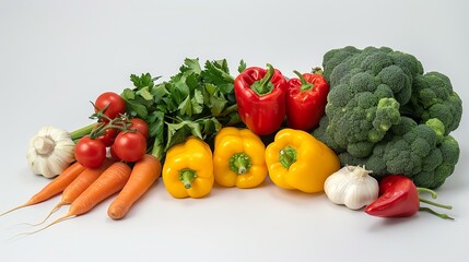 A colorful arrangement of fresh vegetables on a white background.