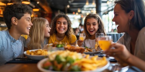 Sticker - A family of four is sitting at a table with a large plate of food in front of them. They are all smiling and enjoying their meal together