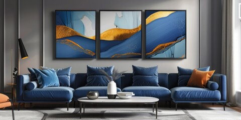 Geometric triptych wall art with blue and gold abstract design for modern decor. AI generated illustration