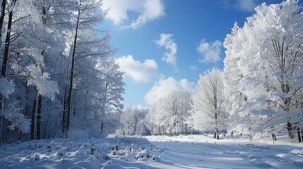 Snowy forest scene with a blue sky and fluffy white clouds.