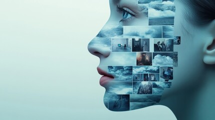 Poster - A woman's face with a collage of pictures and clouds, AI