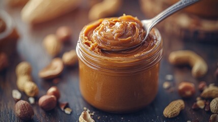 Spoon scooping creamy peanut butter from jar surrounded by peanuts