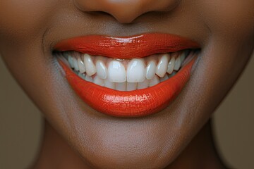 Close up macro photo of a model's mouth, she is smiling. Close up photo of her teeth and smiling, detailed lips .generative ai