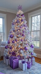 Wall Mural - Beautiful white christmas tree with purple and silver ornaments standing in a living room