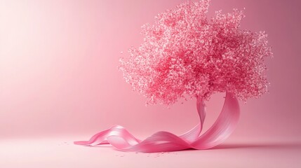 Wall Mural - Abstract Pink Tree with Wavy Ribbon on a Pink Background