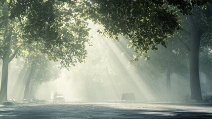 Wall Mural - Sunbeams Through Foggy Trees